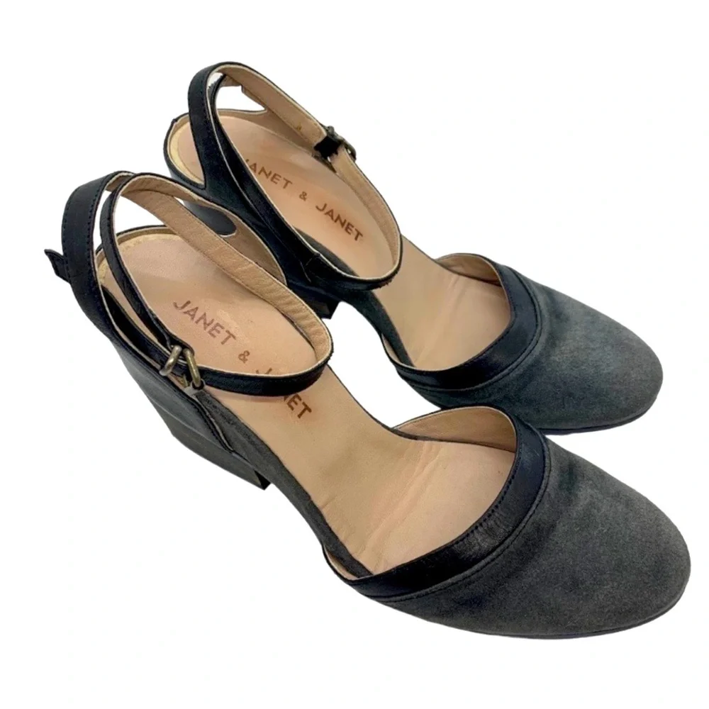 Janet & Janet Round Toe Single Strap Heel Gray Black 39EU Career Academia Office